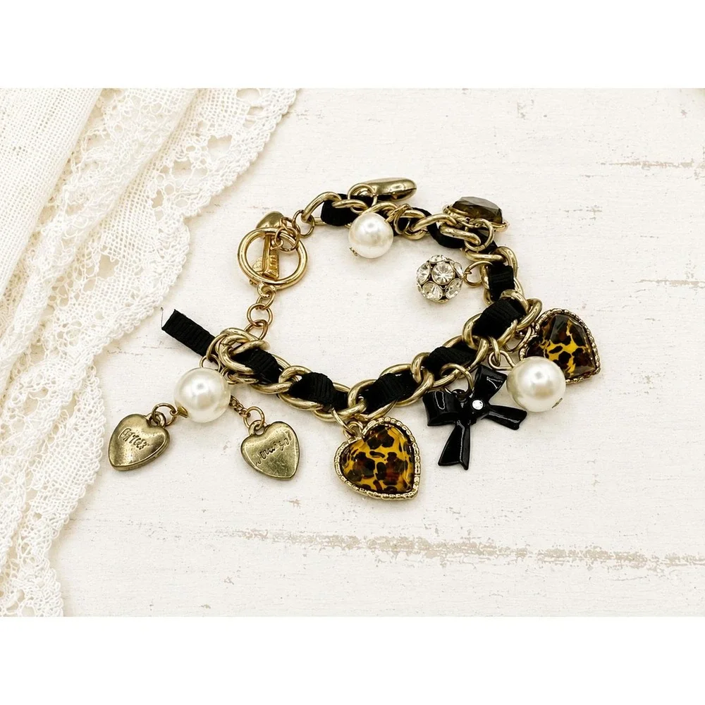 Rare Betsey Johnson Leopard Heart Necklace Bracelet Earrings 3pc Jewelry Set